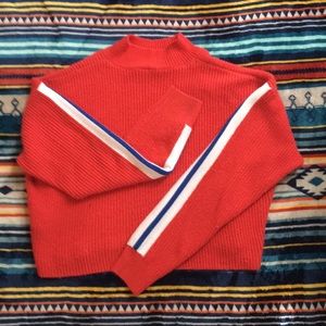 H&M Divided cropped sweater. Red w/blue/white sleeve stripes size S.